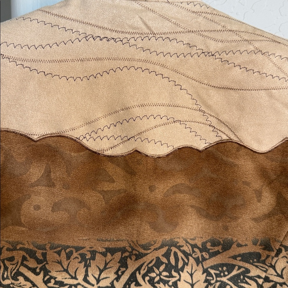 Coldwater Creek Faux Suede Tan and Brown Patchwork Patterned Blazer open front - Picture 6 of 8